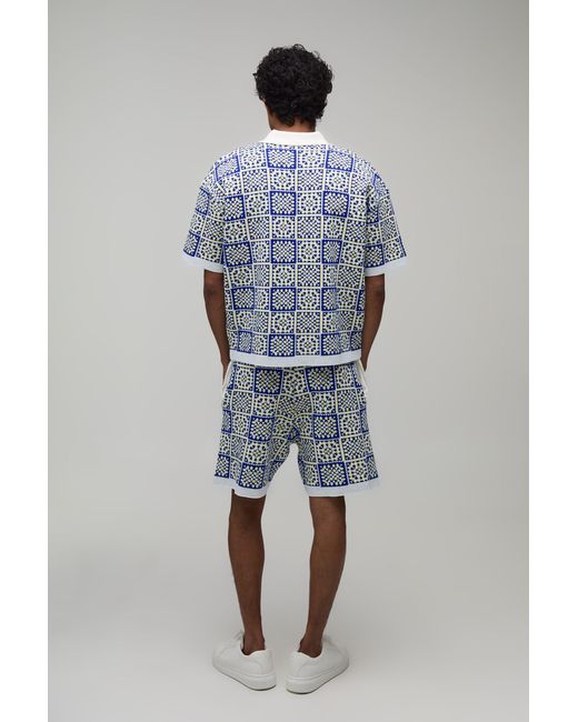 BoohooMAN Blue Oversized Boxy Crochet Square Knitted Polo And Short Set for men