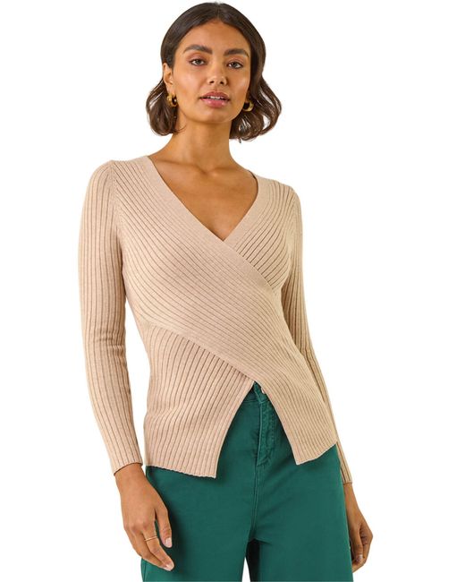 Roman Green Ribbed Wrap Front Knit Top