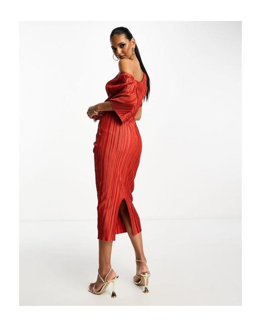 ASOS Red Plisse Fallen Shoulder Midi Dress