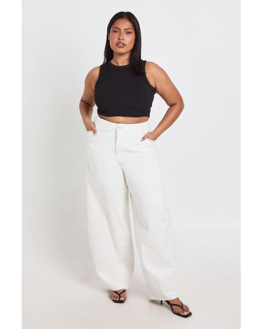 Boohoo White Plus Studded Mid Wait Barrel Jean
