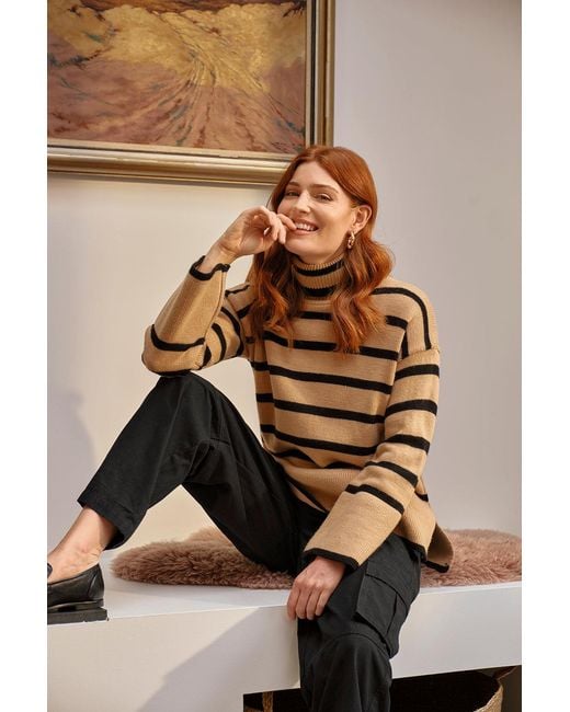 Izabel London Natural Striped Flare Sleeve Roll Neck Jumper