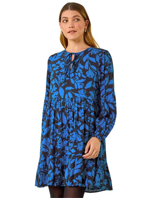 Roman Blue Floral Print Tie Front Smock Dress