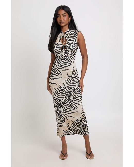 Boohoo Natural Tonal Zebra High Heck Tie Front Maxi Dress