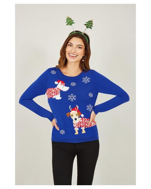 Yumi' Blue Christmas Dog Knitted Jumper