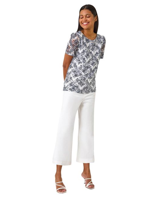 Roman Blue Printed Lace Stretch Top