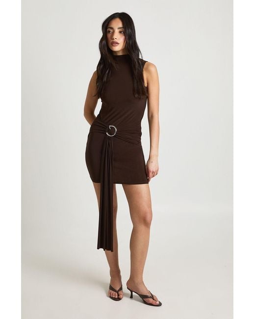 Boohoo Brown Slinky Sleevless Trim Wrap Waist Dress