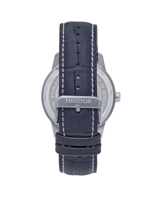Heritor Metallic Davies Semi-Skeleton Leather-Band Watch for men