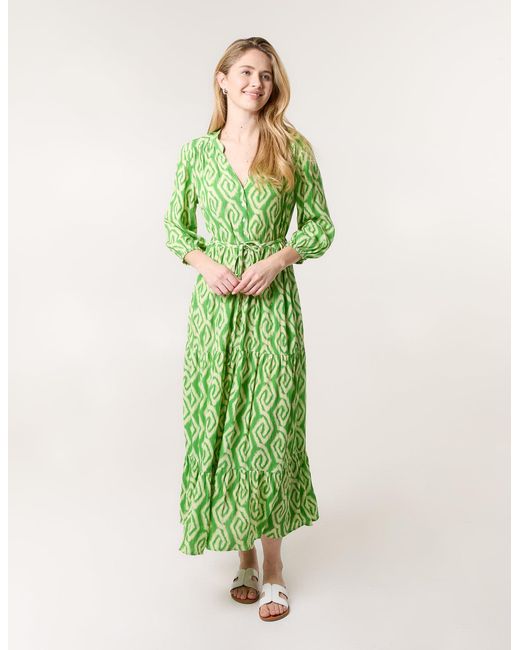 Blue Vanilla Green Abstract Button Front Belted Dress