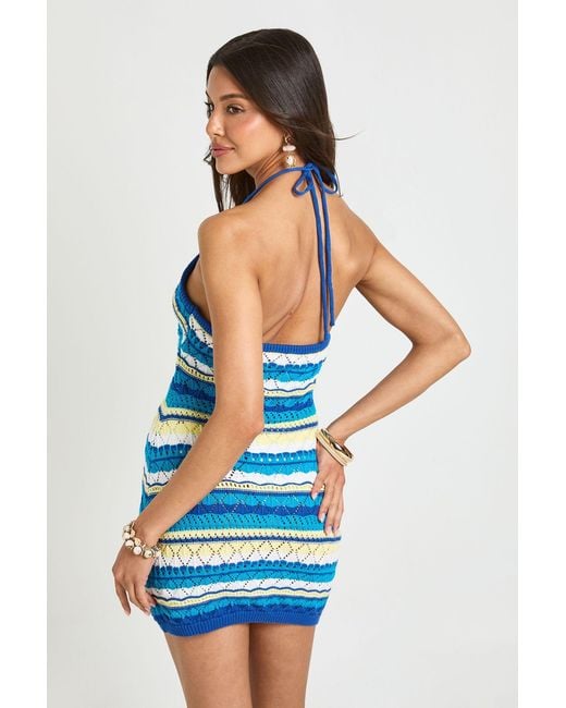 Boohoo Blue Crochet Knit Stripe Halter Mini Dress