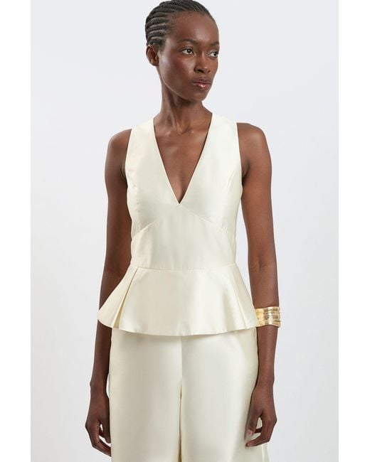 Karen Millen White Satin Twill Peplum Wide Leg Jumpsuit