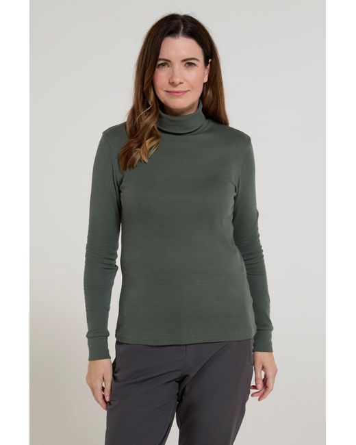 Mountain Warehouse Green 'Meribel' Roll Neck Top Breathable Thermal Slim Fit Tee Cotton