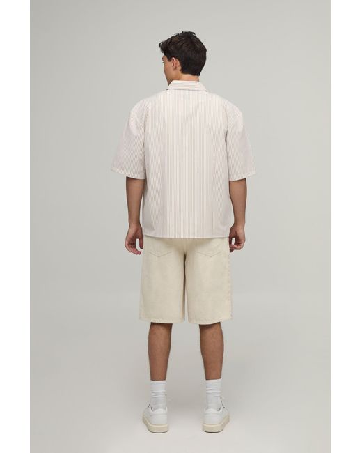 BoohooMAN Natural Oversized Half Sleeve Stripe Shirt for men