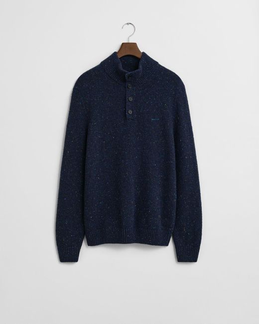 Gant Blue Wool Blend Neps Half Buttoned Jumper for men