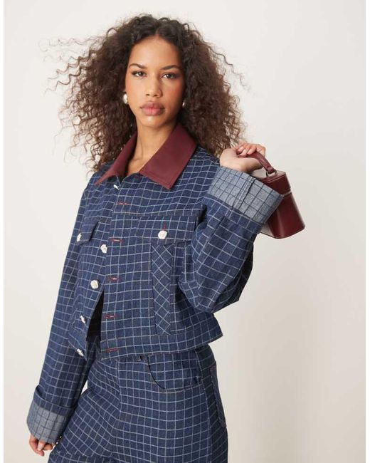 Ghospell Blue Contrast Pu Collar Denim Jacket Co-Ord
