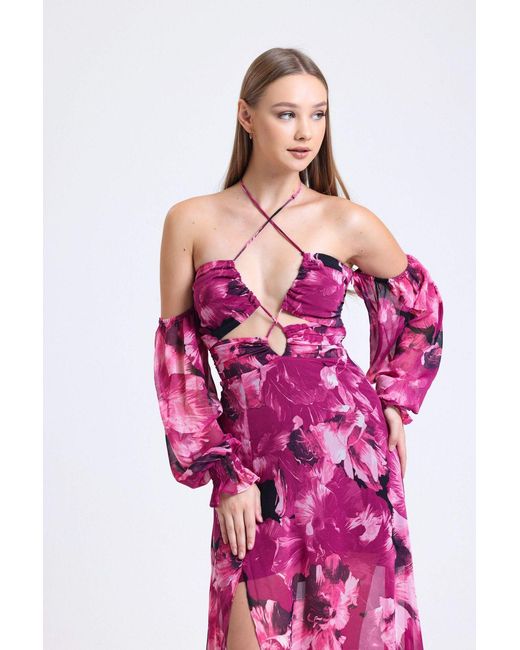Hiccup Pink Plunge Neck Low Sleeve Maxi Dress With A Bust Cut Out