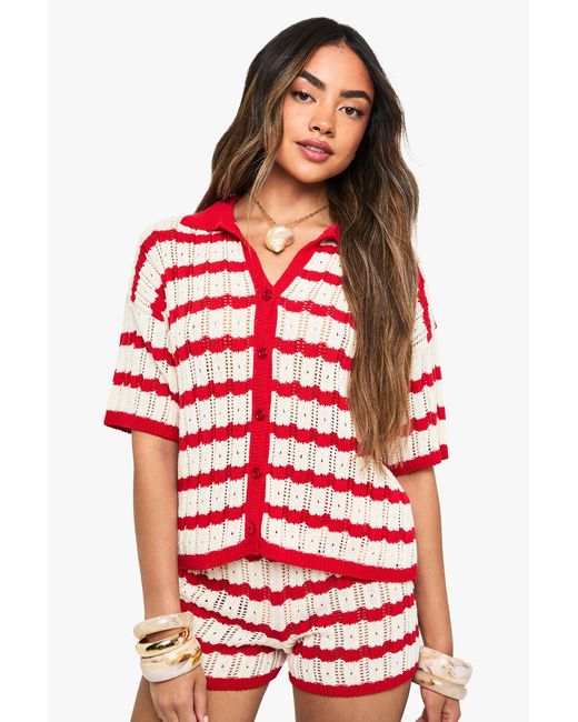 Boohoo Crochet Stripe Collared Shirt And Short Co Ord