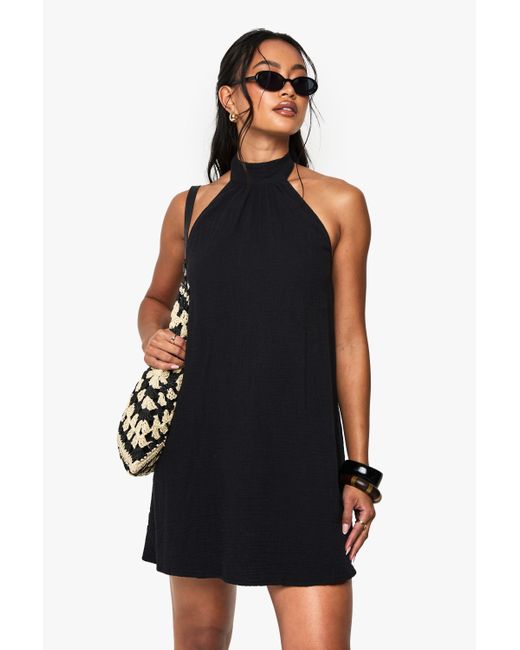 Boohoo Black Cheesecloth Halterneck Mini Dress