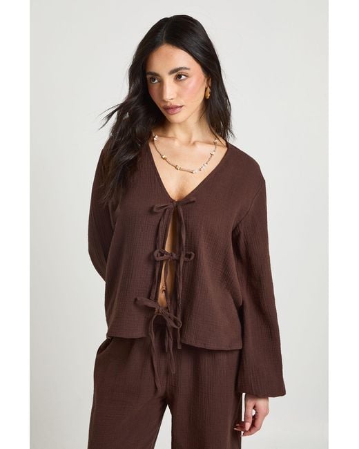 Boohoo Brown Cheesecloth Tie Front Top