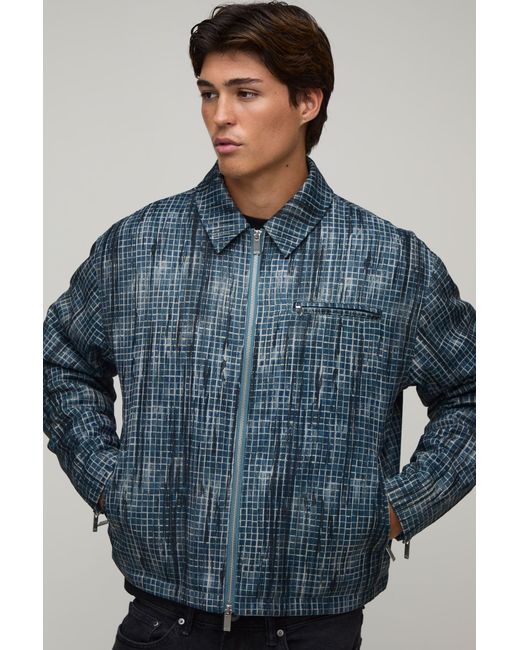 BoohooMAN Blue Boxy Fit Distressed Check Harrington Jacket for men
