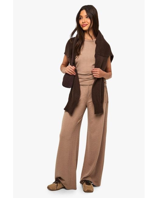 Boohoo Brown Crinkle Sleeveless Ruched Side Top & Trouser Co Ord