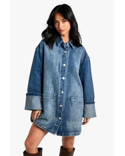 Boohoo Blue Petite Utility Turn Cuff Denim Oversized Shirt Dress