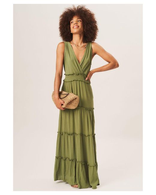Gini London Green Shirred Waist Wrap Tiered Midi Dress