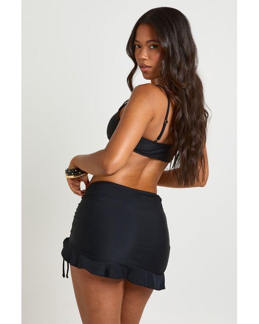 Boohoo Black Ruched Tie Detail Frill Edge Beach Mini Skirt