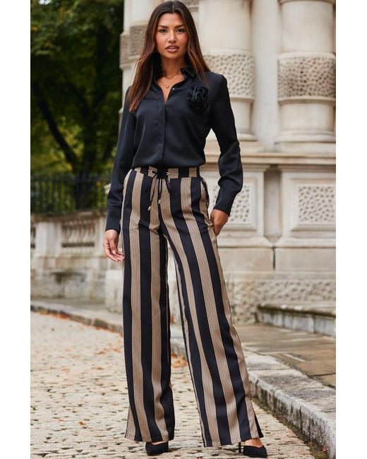 Sosandar Black Stripe Satin Wide Leg Trousers