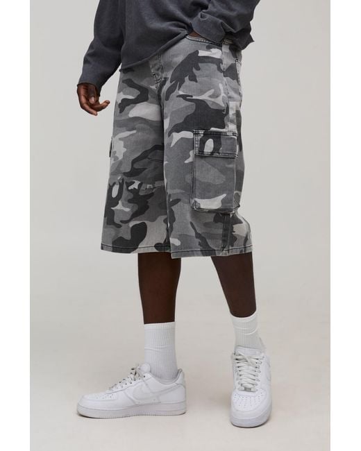 BoohooMAN Gray Washed Camo Pleat Knee Longline Jorts for men