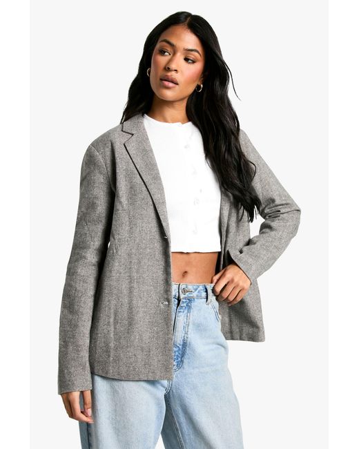 Boohoo Gray Tall Herringbone Wool Look Blazer