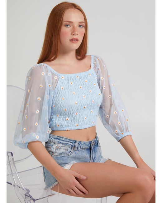 Pink Vanilla Gray Mesh Daisy Embroidery Crop Top