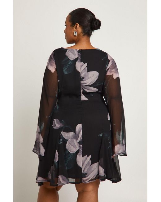 Boohoo Black Plus Floral Long Sleeve Chiffon Mini Skater Dress