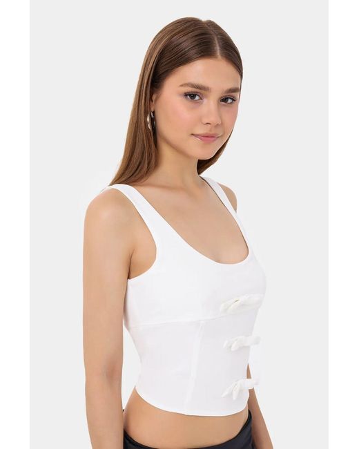 Hiccup White Sleeveless Bodycon Top With Bow Detail