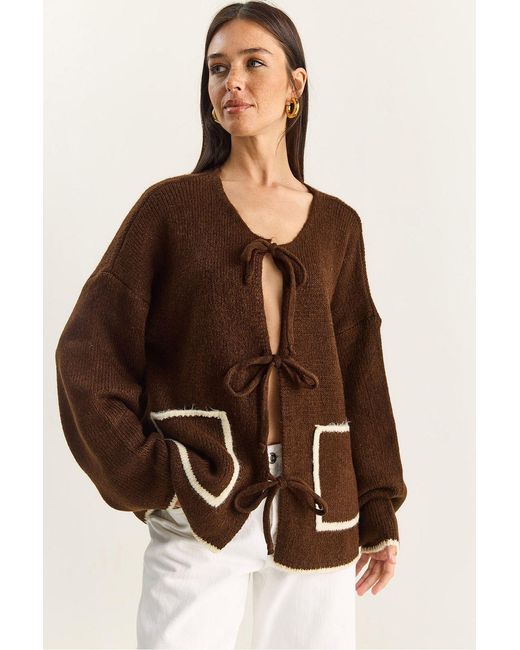 Bianco Lucci Brown Oversized Knit Cardigan With Tie Closure