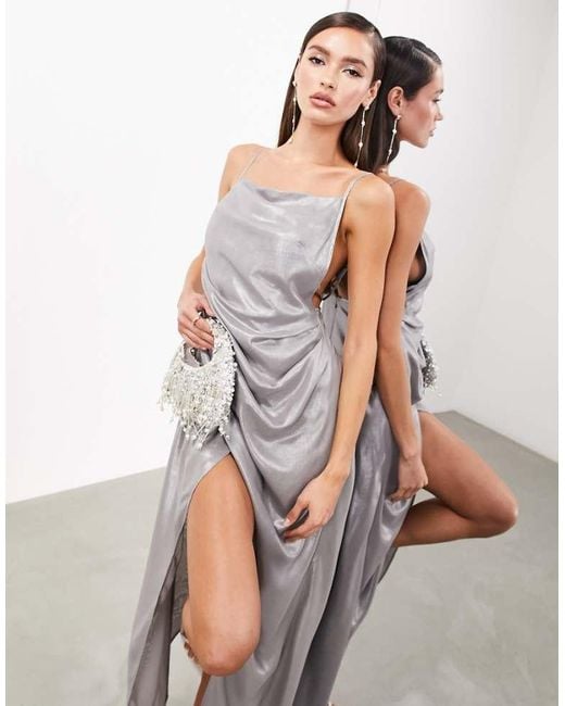 ASOS Gray Metallic Cami Maxi Dress With Drape Detail
