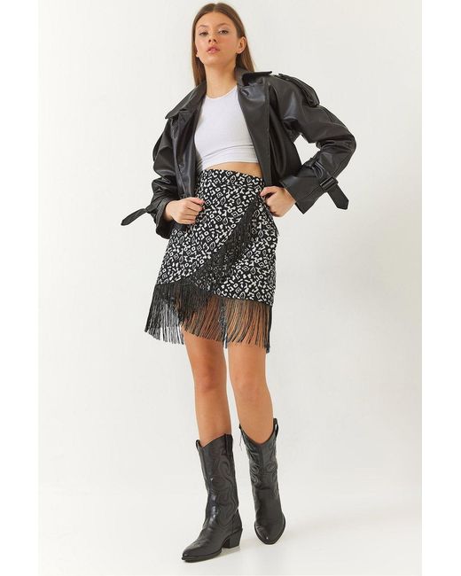 Bianco Lucci Black Textured Patterned Mini Skirt With Tassel And Tie Closure