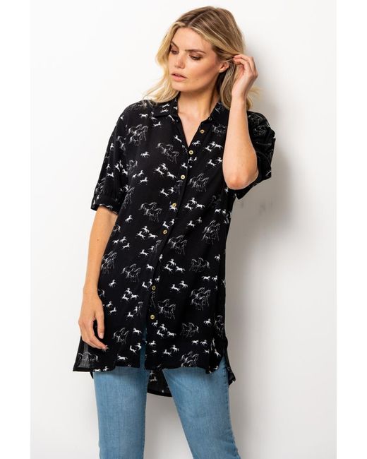 Sosandar Black Horse Print Long Line Shirt Denim
