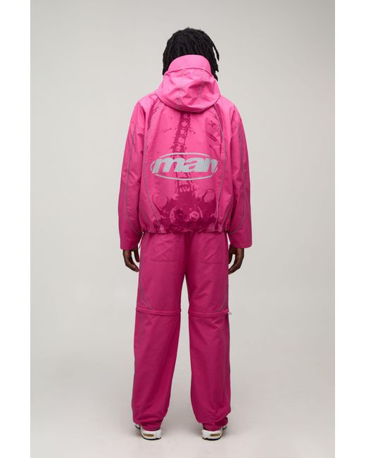 BoohooMAN Pink Elasticated Zip Off Reflective Piping Skeleton Relaxed Joggers for men