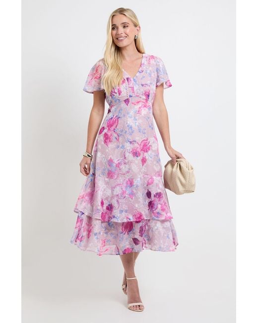 Wallis Pink Petite Floral Burn Out Ruffle Sleeve Midi Dress