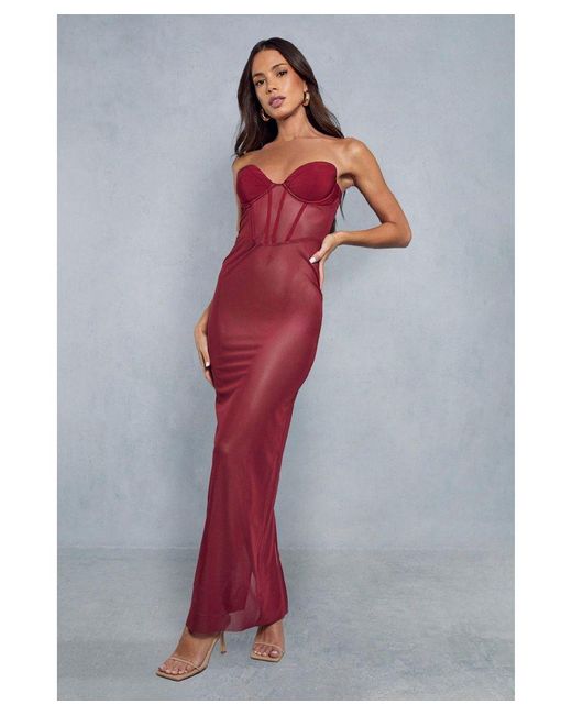MissPap Red Sheer Mesh Corseted Shaped Bust Maxi Dress