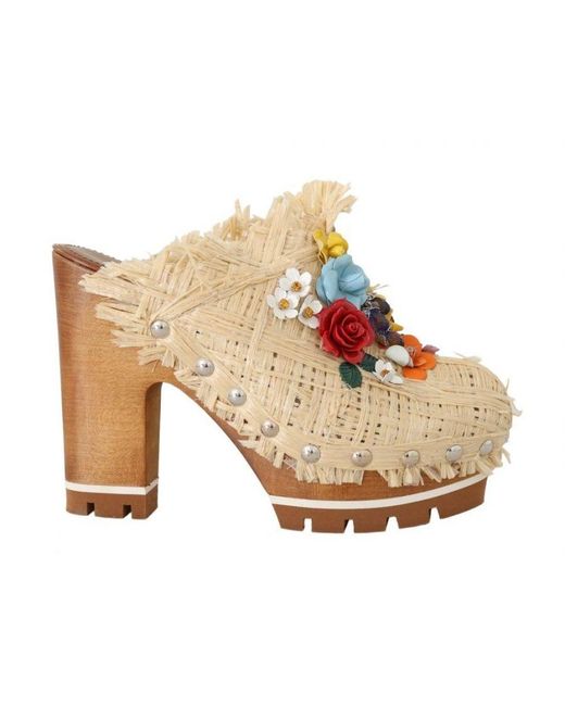 Dolce & Gabbana White Wood And Raffia Slip-on Mules With Silver Studs And Crystals