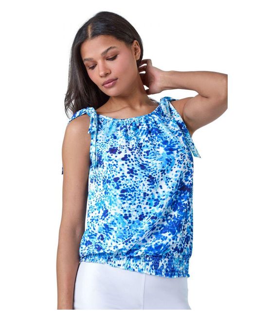 Roman Blue Bow Detail Abstract Spot Shirred Top