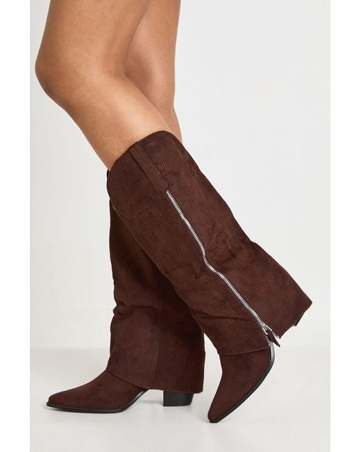 Boohoo Brown Fold Over Zip Detail Knee High Western Boots
