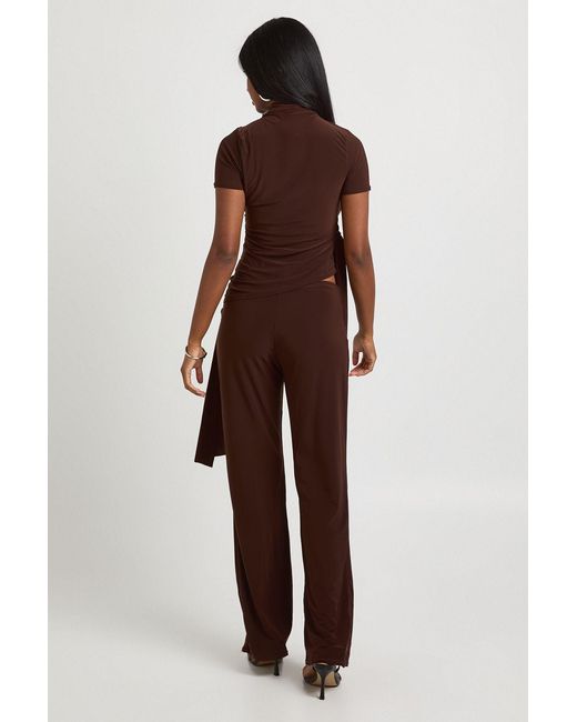 Boohoo Brown Textured Grown On Neck Drape Tie Top And Straight Leg Trouser Coord