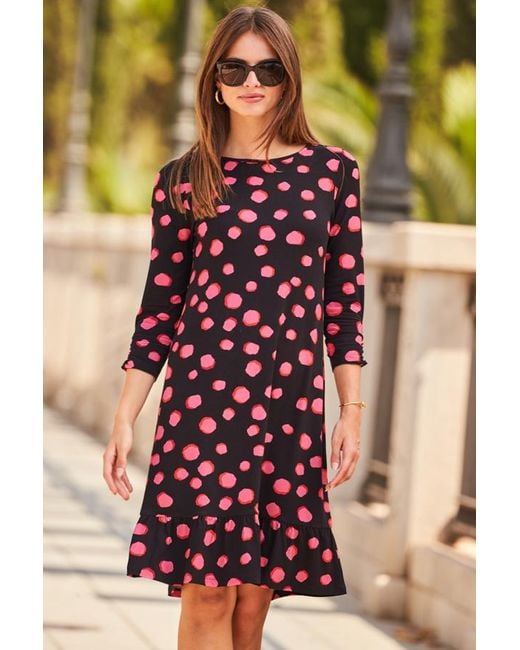 Sosandar Black Spot Print Shift Dress With Ruffle Hem
