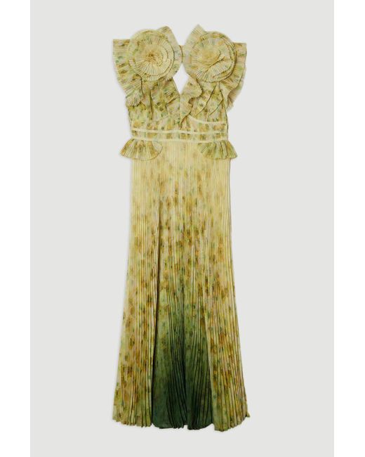 Karen Millen Green Crinkle Pleat Border Print Maxi Dress With Rosette Detail