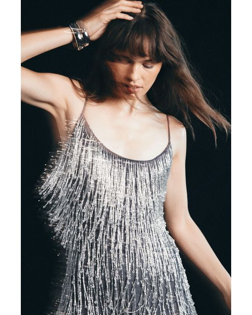 Warehouse Black Hand Embellished Sequin Tassel Midi Dress