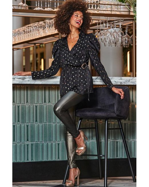 Sosandar Black Metallic Fleck Satin Wrap Front Top