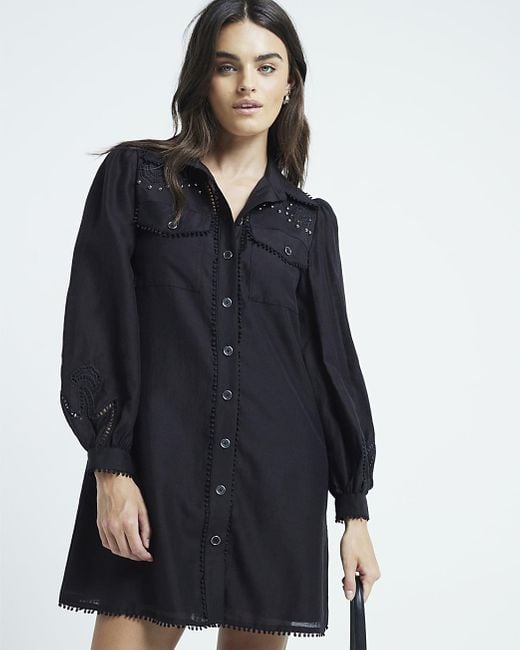 River Island Blue Studded Broderie Mini Shirt Dress