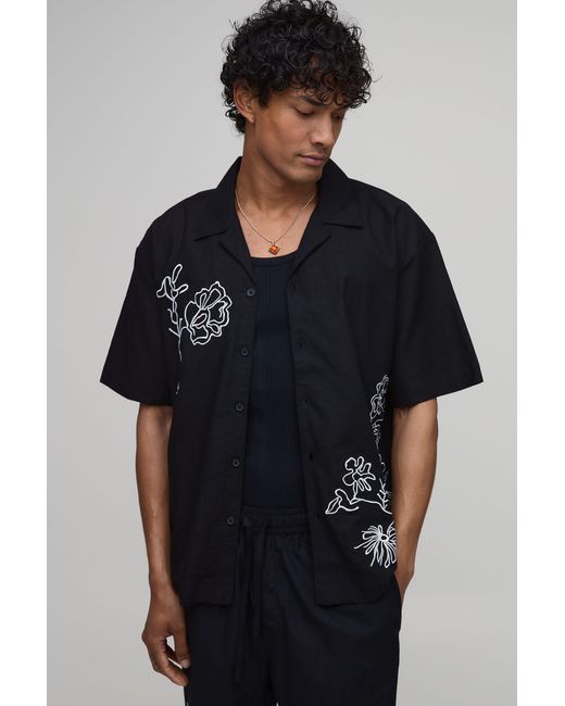 BoohooMAN Black Oversized Floral Sketch Linen Blend Shirt